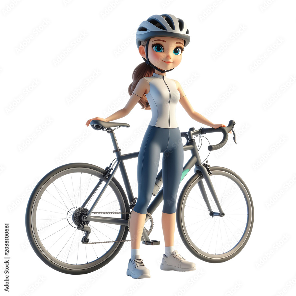Naklejka premium 3d cartoon character, young woman riding a bicycle