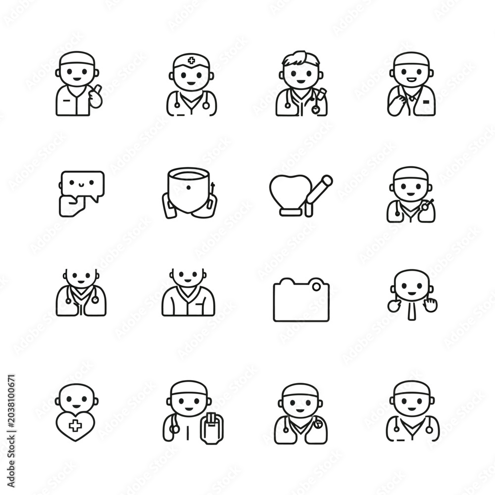 Fototapeta premium Minimalist line icons, people communicating, chatting, working, healthcare professionals, 15 editable vector graphics