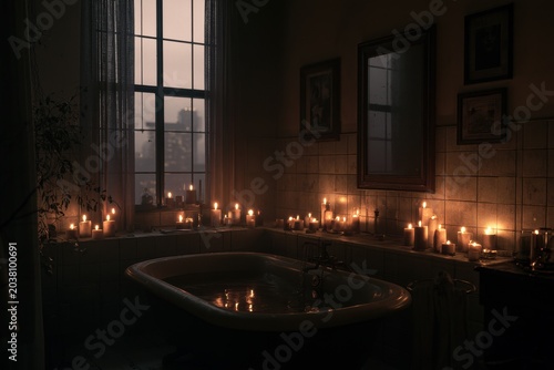Glowing wax candles surrounding a vintage bathtub in a dark moody bathroom with cinematic lighting for wellness and spa marketing