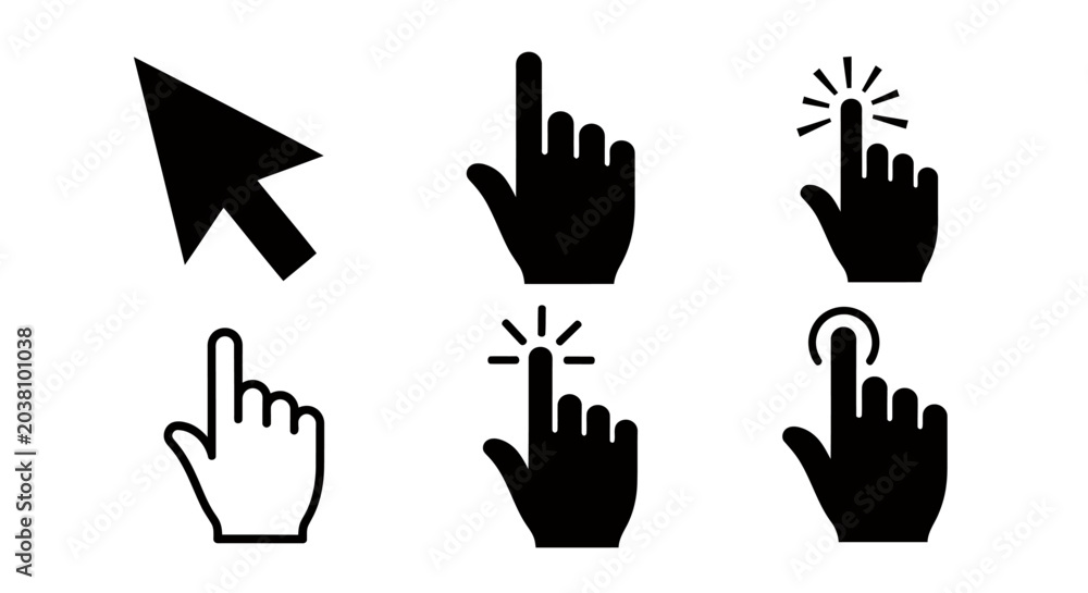 Obraz premium Collection of computer cursor icons showing different click gestures for interface design and UI interaction.