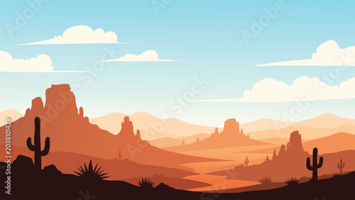 Desert landscape vector background with sand dunes mountains and cactus plants under cloudy blue sky in flat design style