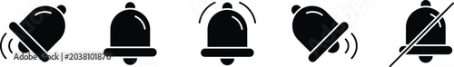 Fotografia Black bell notification icons depicting alert ringing and silent modes for moder