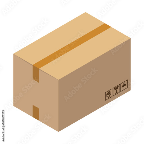 ケアマークが付いた茶色の段ボール箱のアイソメトリックイラスト