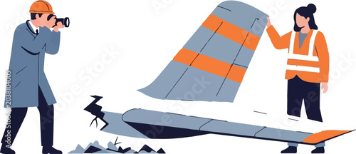 Aviation investigators examining damaged airplane tail section.