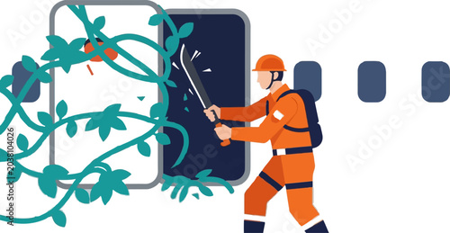 Industrial worker cutting overgrown plants near train door.