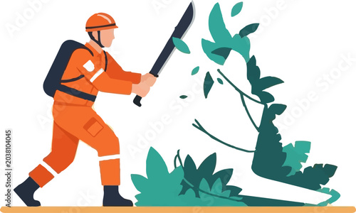 Forest worker cutting overgrown vegetation with large machete.