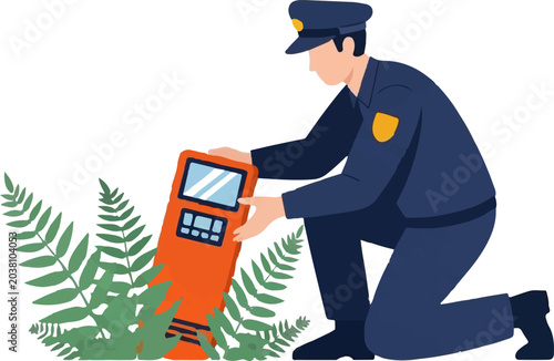 Police officer operating handheld electronic device in ferns.