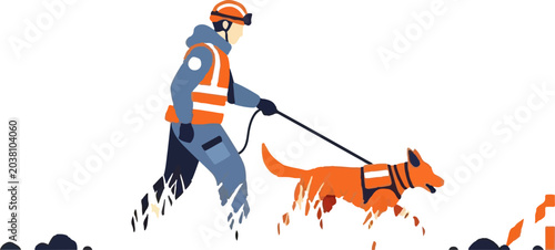 Rescue worker with trained search dog on mission.