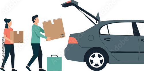 Couple loading cardboard boxes into car trunk together.