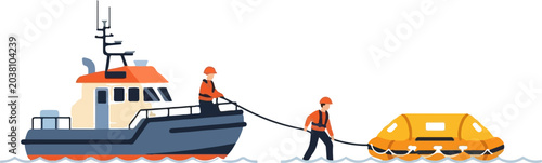 Maritime rescue operation with lifeboat and crew members.