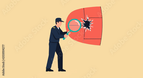 Businessman examining cracked red magnifying glass closely.