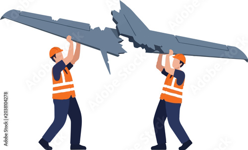 Two Construction Workers Carrying Large Broken Airplane Wing.