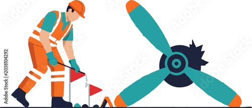 Industrial worker inspecting large mechanical propeller outdoors.