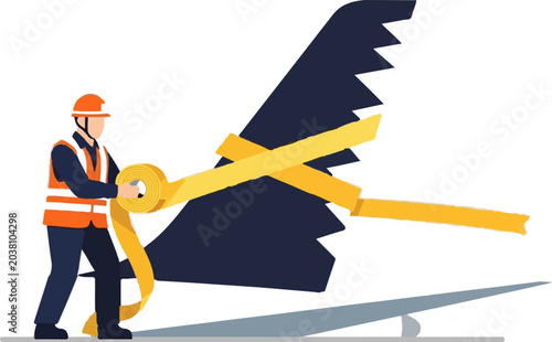 Construction worker balancing oversized golden scissors on scale.