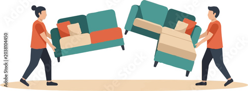Couple Moving Heavy Furniture Together at Home.