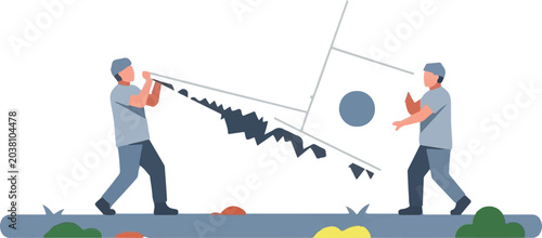 Two people struggling with broken stock market chart.