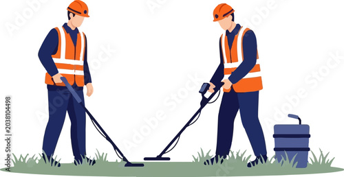 Construction workers using metal detectors on grassy field.