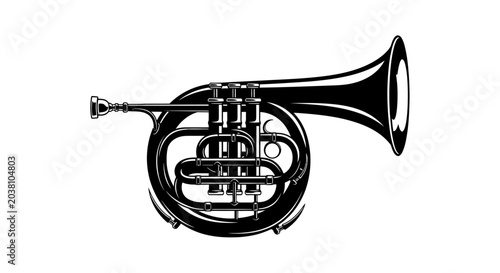 Photos French horn musical instrument closeup.