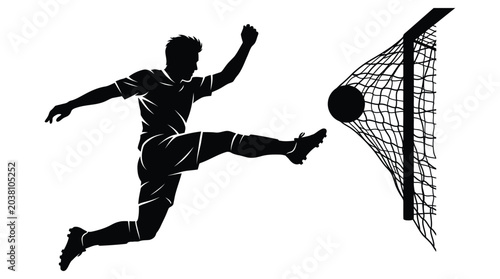 Soccer player silhouette kicking ball towards goal white background