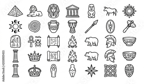 Schilderij op canvas Ancient Culture Doodle Icon Collection with Historical Symbols Tribal Art and He