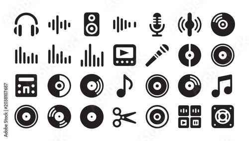 Tableau sur toile Set of black audio and music related icons on white background vector