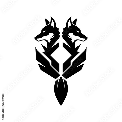 Canvas-taulu Symmetrical black tattoo-style design featuring two wolf heads facing outward