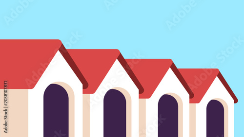 Canvas Print A white house with a red roof and a blue sky