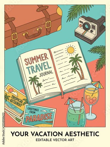 Photos A travel journal lies open on a beach surrounded by luggage, camera, and refreshing summer drinks