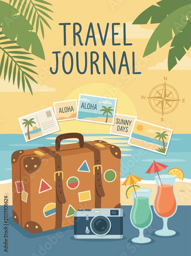 Slika na platnu A travel journal lies open on a beach with a suitcase and tropical drinks nearby