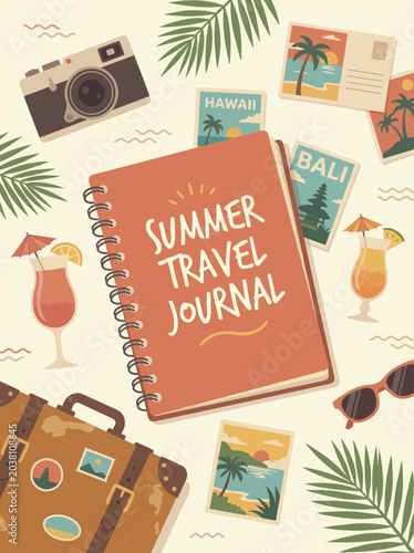 Photos Vibrant summer travel journal surrounded by travel essentials on a table