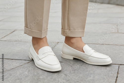 Person wearing white loafers and beige pants