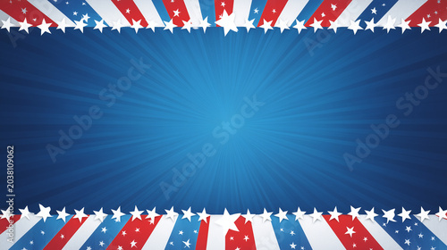 A patriotic background design features the American flag's colors and stars framing a bright blue, sunburst-like center.