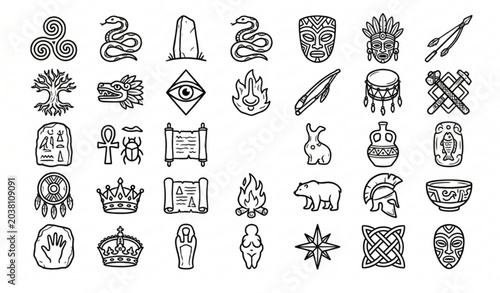 Foto Ancient Civilization Doodle Icons with Tribal Symbols Mythology and Historic Art