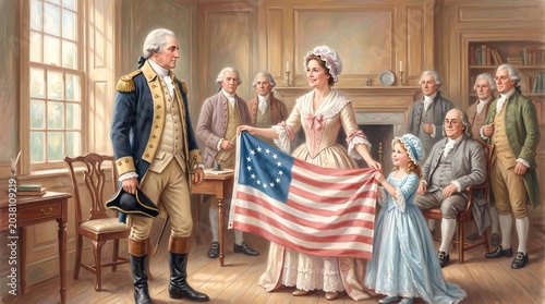 Colonial american family and founding fathers with american flag in a historic room with wooden furniture and large window