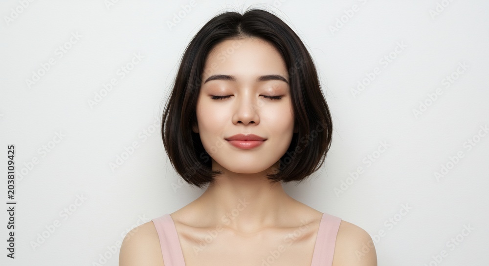 Fototapeta premium 明るい背景と柔らかな光が特徴の若いアジア人女性が穏やかに目を閉じ静かに微笑む心安らぐ瞬間. AI Generated