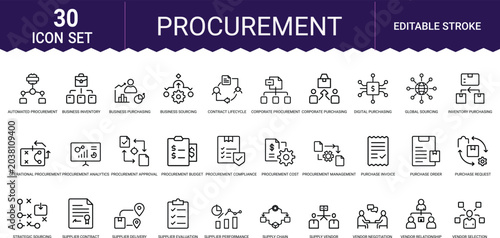 Procurement supply chain line art icons set, purchase order, vendor selection, supplier contract, supply chain, procurement budget, global sourcing, vendor negotiation, purchase invoice, Web icon, App