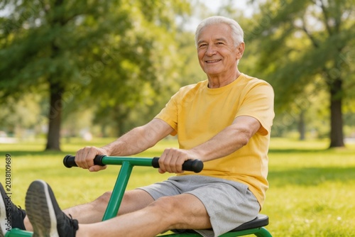 Elderly man exercising on outdoor equipment