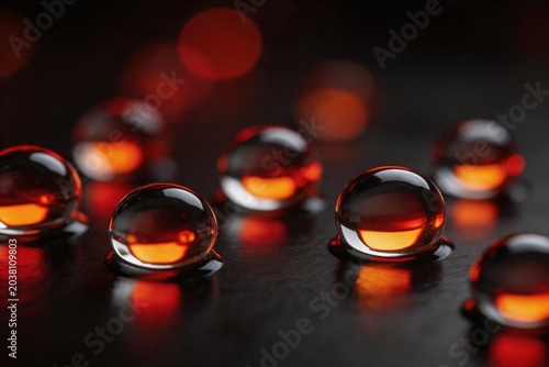 Glowing liquid droplets on dark surface