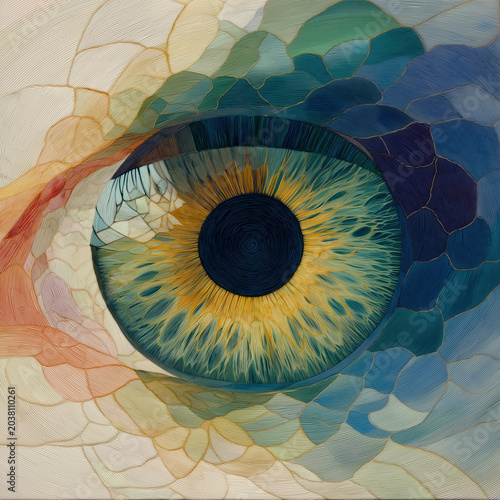 Eye, iris, pupil, abstract, texture, pattern colorful macro iris detail with mosaic texture evoking vision focus