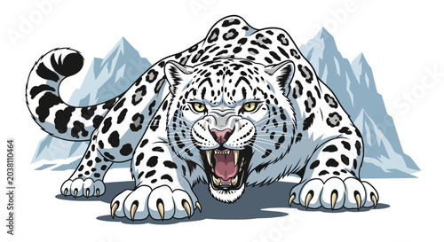 Fotografía Snow Leopard Crouching Aggressively in Snowy Mountains
