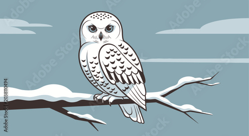 Foto Snowy Owl Perched on a Snow-Covered Branch in Winter