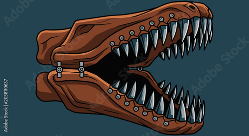 Steampunk Dinosaur Skull with Open Jaws and Metal Teeth