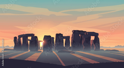 Stonehenge Ancient Monument at Sunrise, Dramatic Sky and Long Shadows