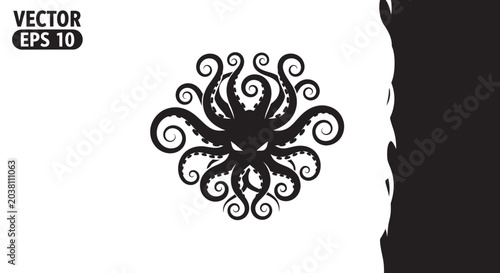 Photos Black Octopus Silhouette Silhouette with Swirling Tentacles on White Background