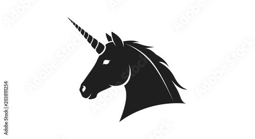 Foto Black Unicorn Silhouette Head Profile on White Background, Mythical Creature