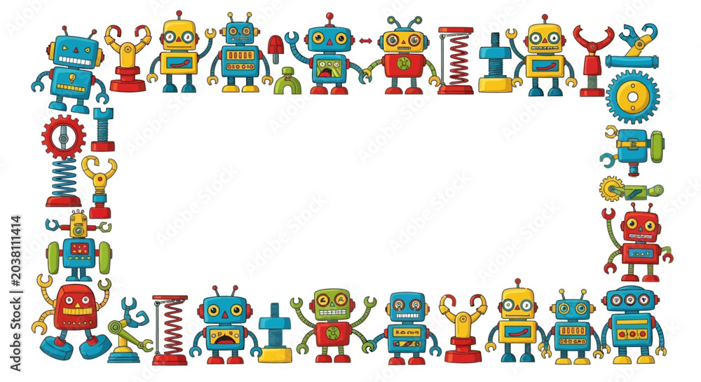 Obraz premium Cute Robot Border Frame - Fun Cartoon Characters and Gears