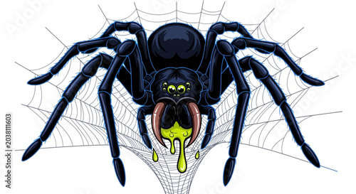 Fotografía Scary Black Spider with Dripping Venom on Web - Halloween Horror