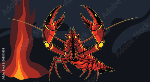 Fotografía Scary Red Lobster Monster with Giant Claws, Dark Background, Fire Element