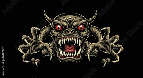 Foto Scary Demon Monster with Glowing Red Eyes and Sharp Teeth, Horror Illustration