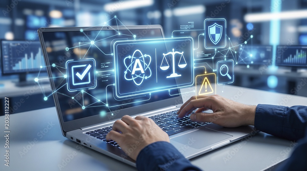 Fototapeta premium Digital Law and Justice Technology Concept with Icons on Laptop Screen